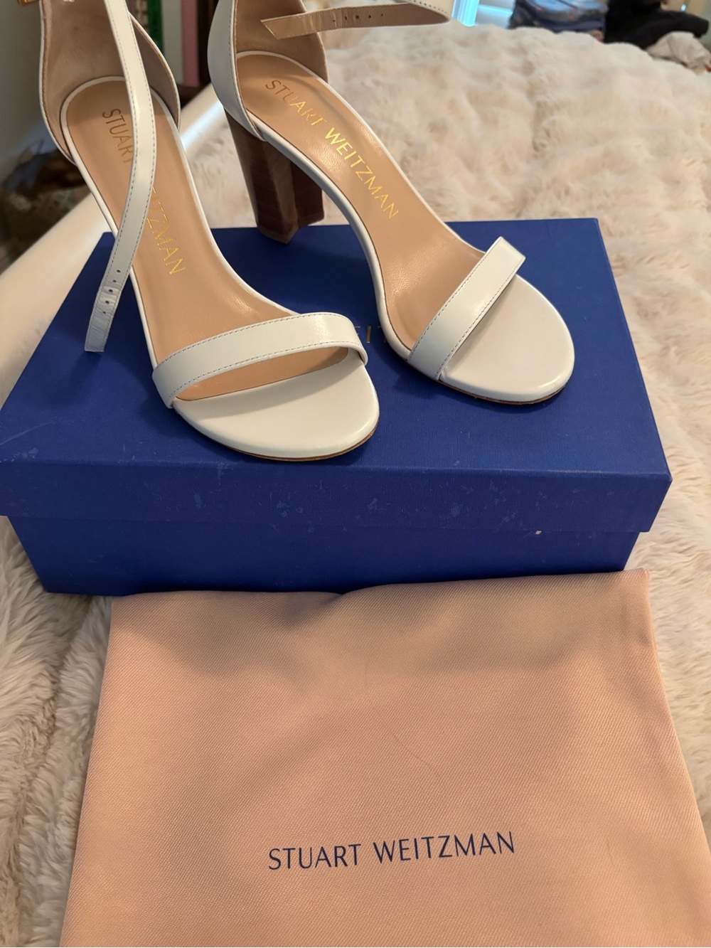 Stuart Weitzman White Leather Ankle-Strap Block Heels